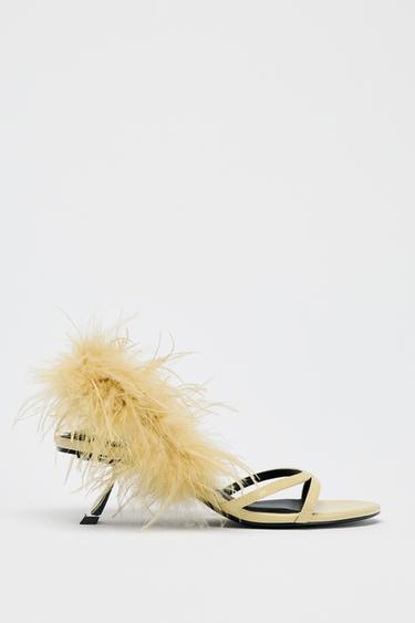 SANDALES À TALONS MÉTALLISÉS PLUMES - Jaune de Zara