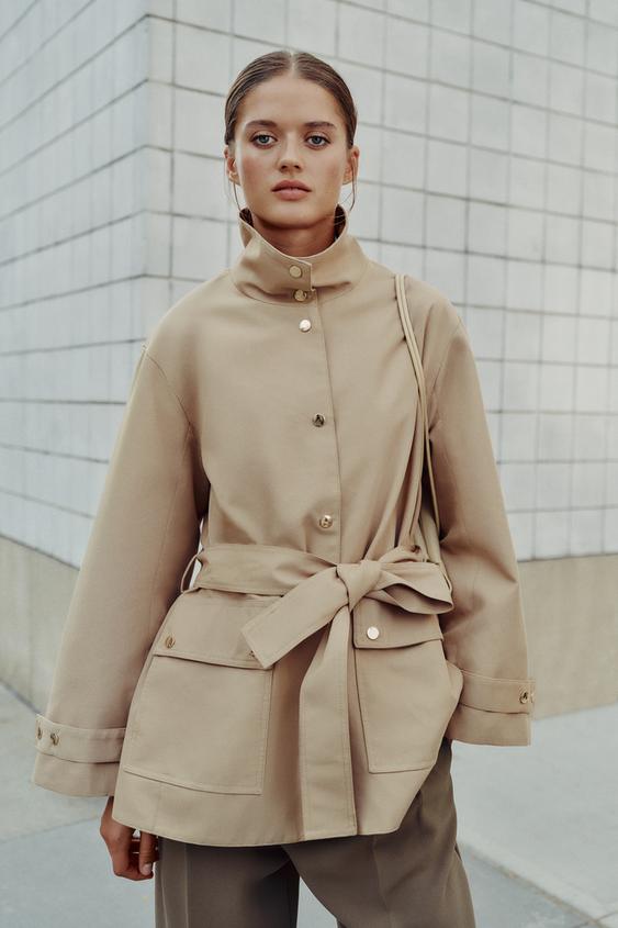 GABARDINE COL MONTANT CEINTURE - Marron clair de Zara - Image 1