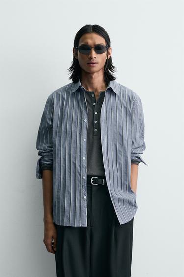 KOŠILE RELAXED FIT S ŽAKÁROVÝMI PROUŽKY - Modrá od Zara