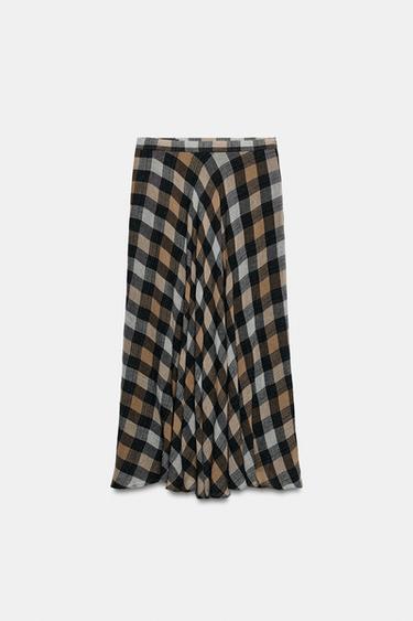 CHECKS MIDI SKIRT - Grey / Tan by Zara - Image 0