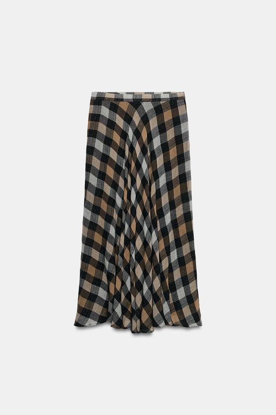 FALDA MIDI CUADROS - Gris / Tostado de Zara - Imagen 0