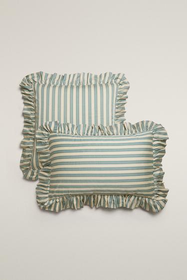 STRIPED PILLOWCASE WITH RUFFLE TRIM | KATHARINE POLE - Blue by Zara