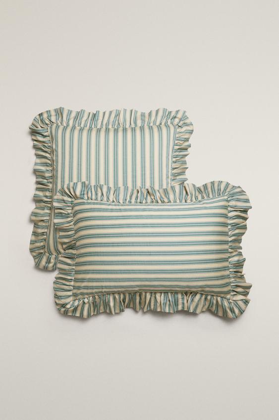 STRIPED PILLOWCASE WITH RUFFLE TRIM | KATHARINE POLE - Blue by Zara - Image 0