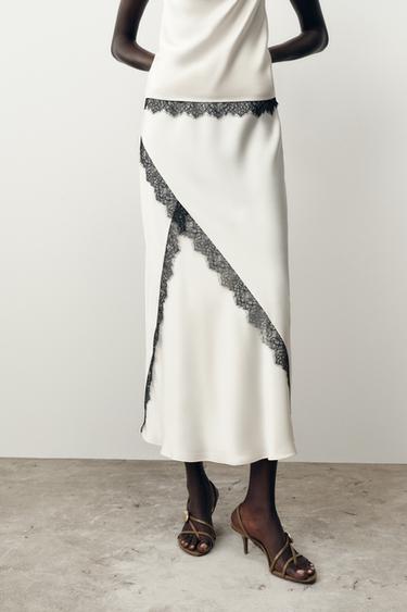 SATIN MIDI SKIRT WITH LACE - Ecru by Zara - Image 1
