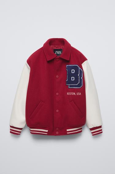 Zara CONTRASTING FAUX LEATHER VARSITY BOMBER JACKET - Red