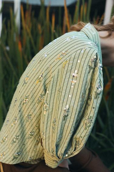 STRIPED SEQUIN SHIRT - Mid-green by Zara