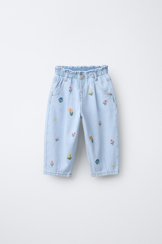 JEANS BAGGY PAPERBAG FLORES BORDADAS - Azul de Zara - Imagen 0