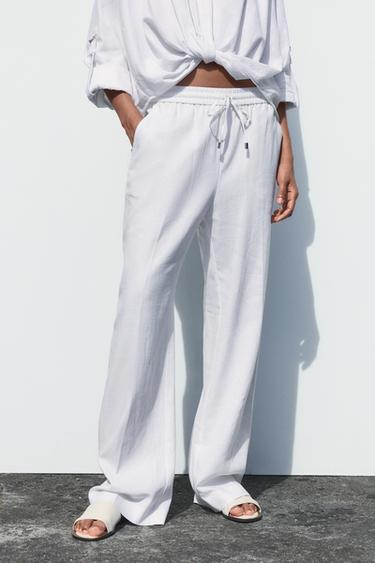 LINEN BLEND STRAIGHT TROUSERS - Oyster-white by Zara