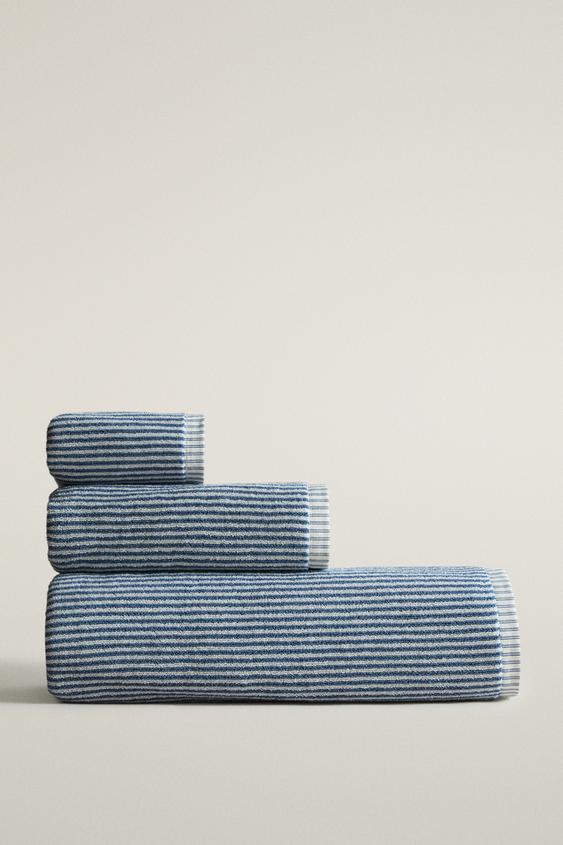 STRIPED COTTON BATH TOWEL - dusty blue by Zara - Image 0