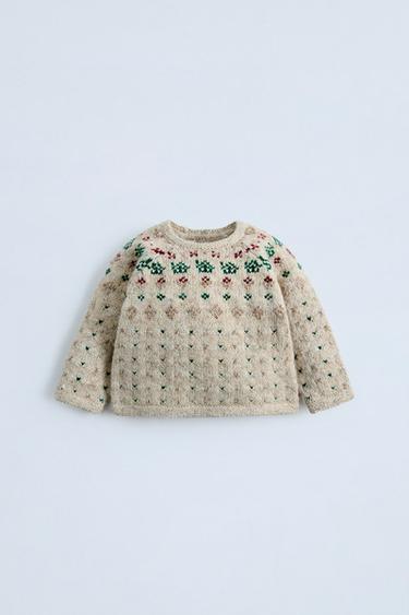 Zara JACQUARD KNIT SWEATER - Light beige