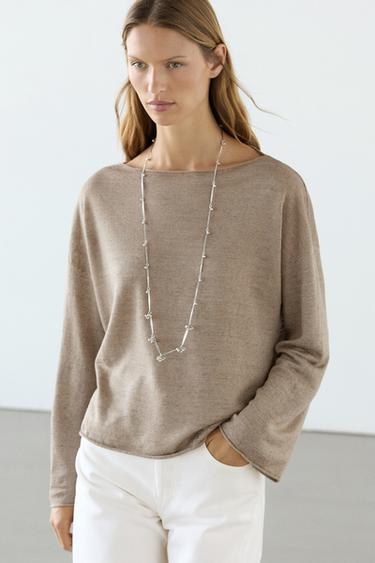 Pull en maille 100 % lin à col bateau - Beige chiné de Zara