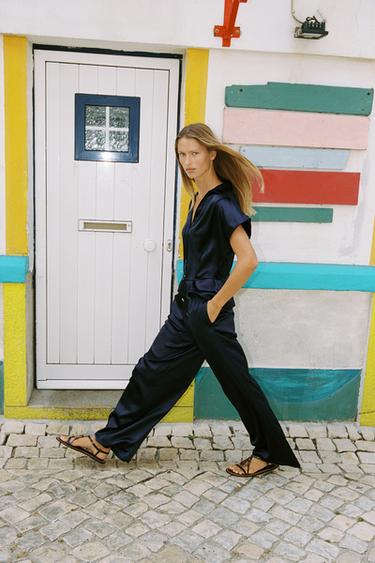 SATIN WIDE-LEG TROUSERS - Navy blue by Zara