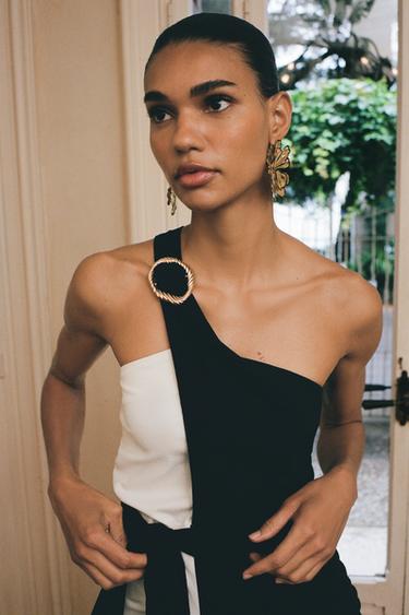 Zara KNOTTED COMBINATION MIDI DRESS - Black / White