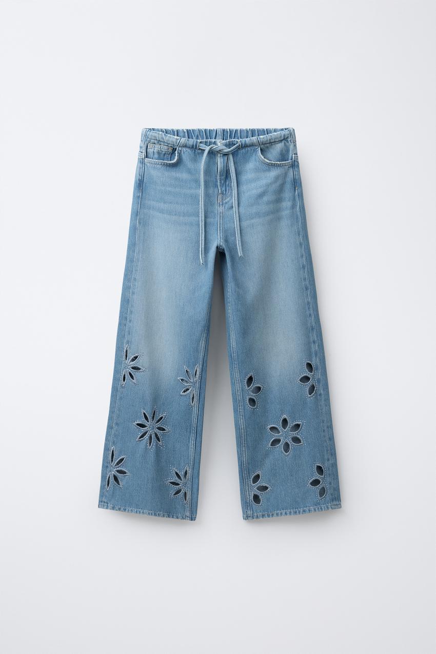 ワイドレッグデニムパンツ・フローラルプリント - ブルー | ZARA Japan 