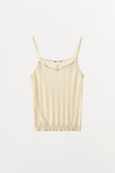 Zara POINTELLE STRAPPY TOP - Oyster-white