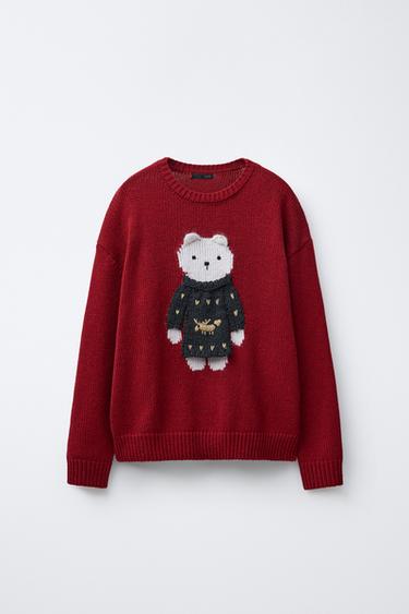 Zara KNIT JUMPER WITH EMBROIDERED BEAR - Dark red