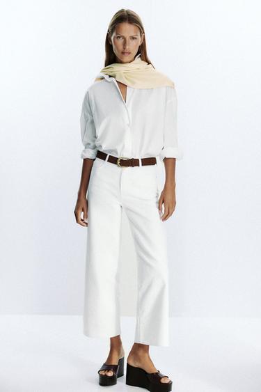 Zara Z1975 HIGH-WAISTED BELTED CULOTTE JEANS - White