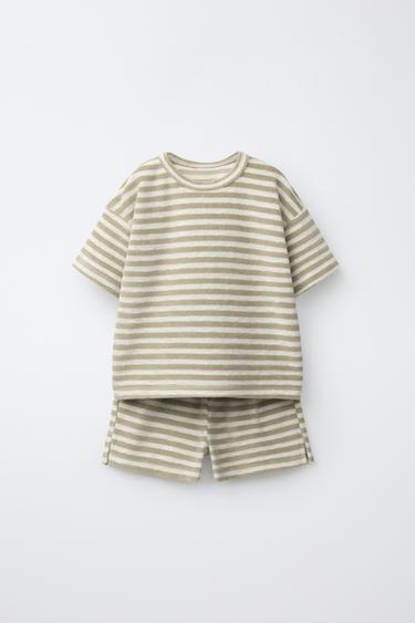 SETJE T-SHIRT EN BERMUDA MET HANDDOEKEFFECT EN STREPEN - ecru/kaki van Zara