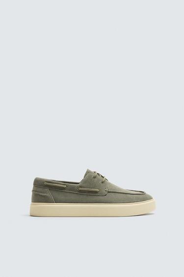 Zara CASUAL LEATHER DECK SHOES - Khaki Green