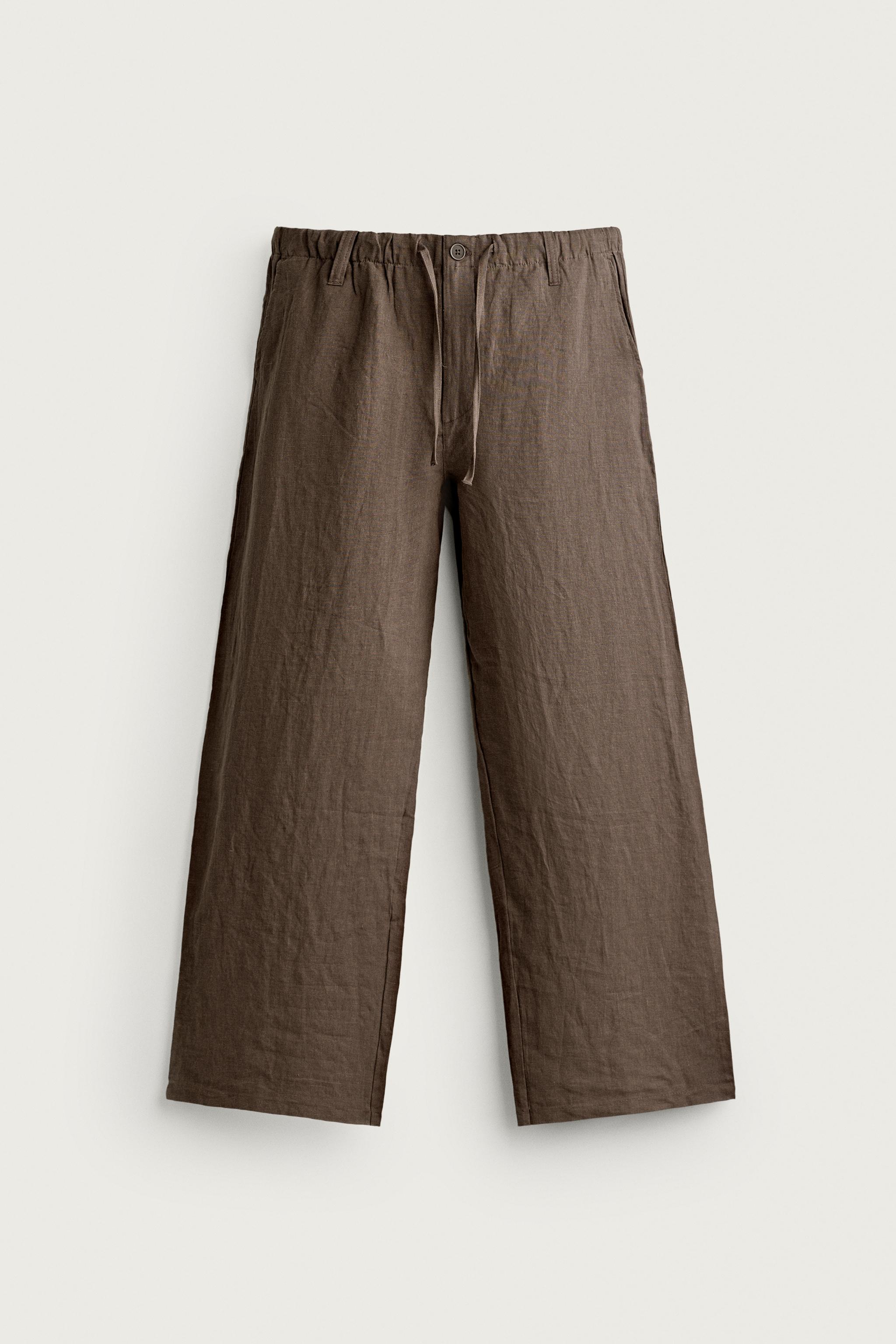 100% LINEN RELAXED FIT PANTS — Brown / Taupe
