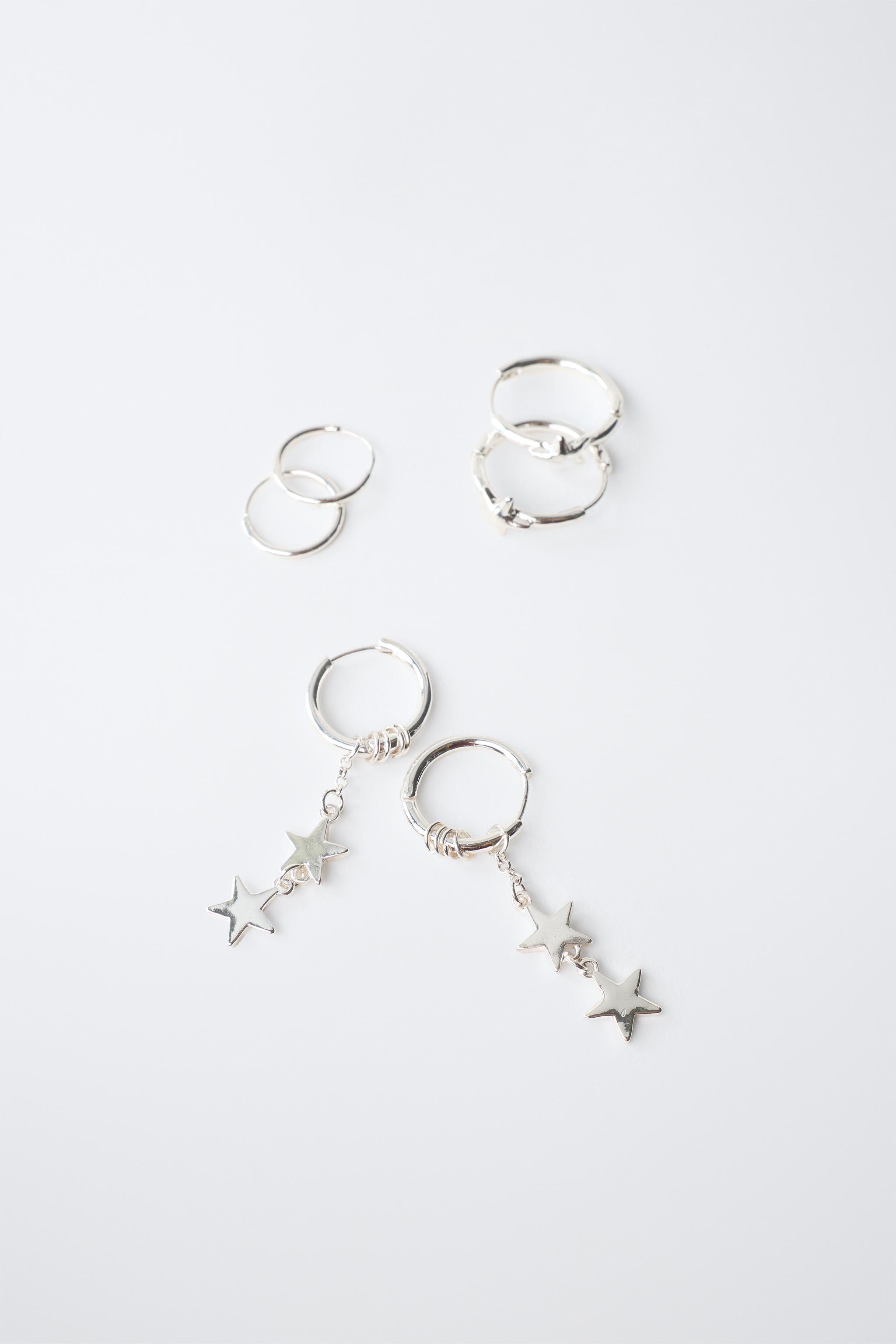 STAR HOOP EARRINGS AND RING SET — Silver