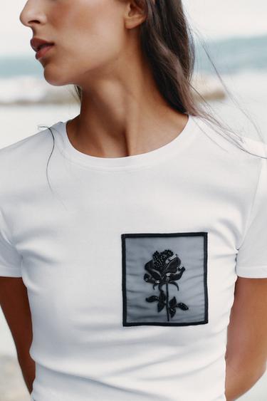 Zara FLORAL POCKET T-SHIRT - White