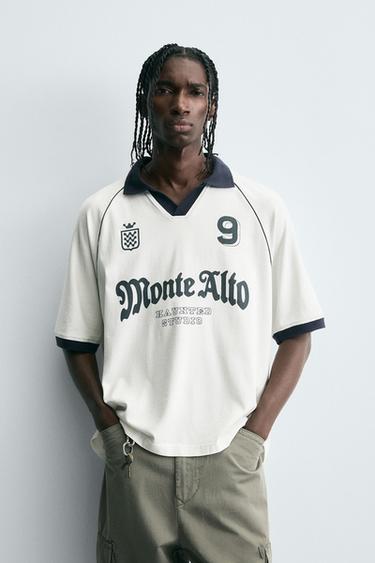 レトロフットボールプリントポロシャツホワイトZaraのレトロフットボールプリントポロシャツ - ホワイト