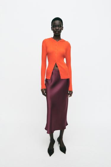 SATIN MIDI SKIRT - Burgundy by Zara