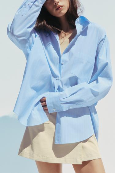 OVERSIZE STRIPED POPLIN SHIRT - White / Sky blue by Zara - Image 3