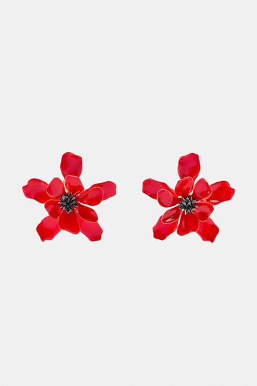 MAXI ENAMELLED FLOWER EARRINGS - Red by Zara