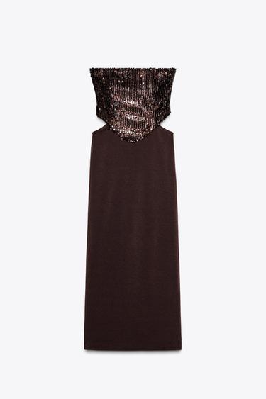 Zara SEQUIN CUT-OUT COMBINATION DRESS - Brown