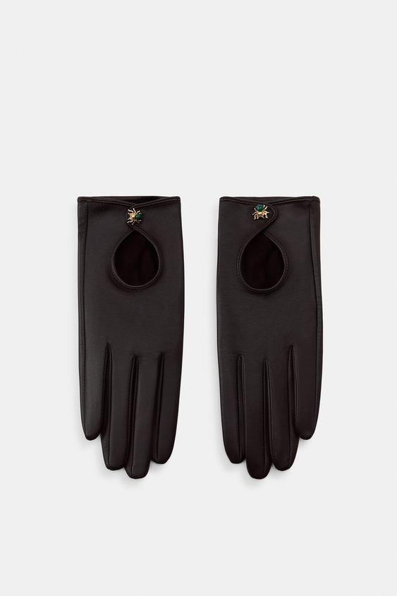 100% LEATHER SHORT GLOVES WITH SPIDER DETAIL