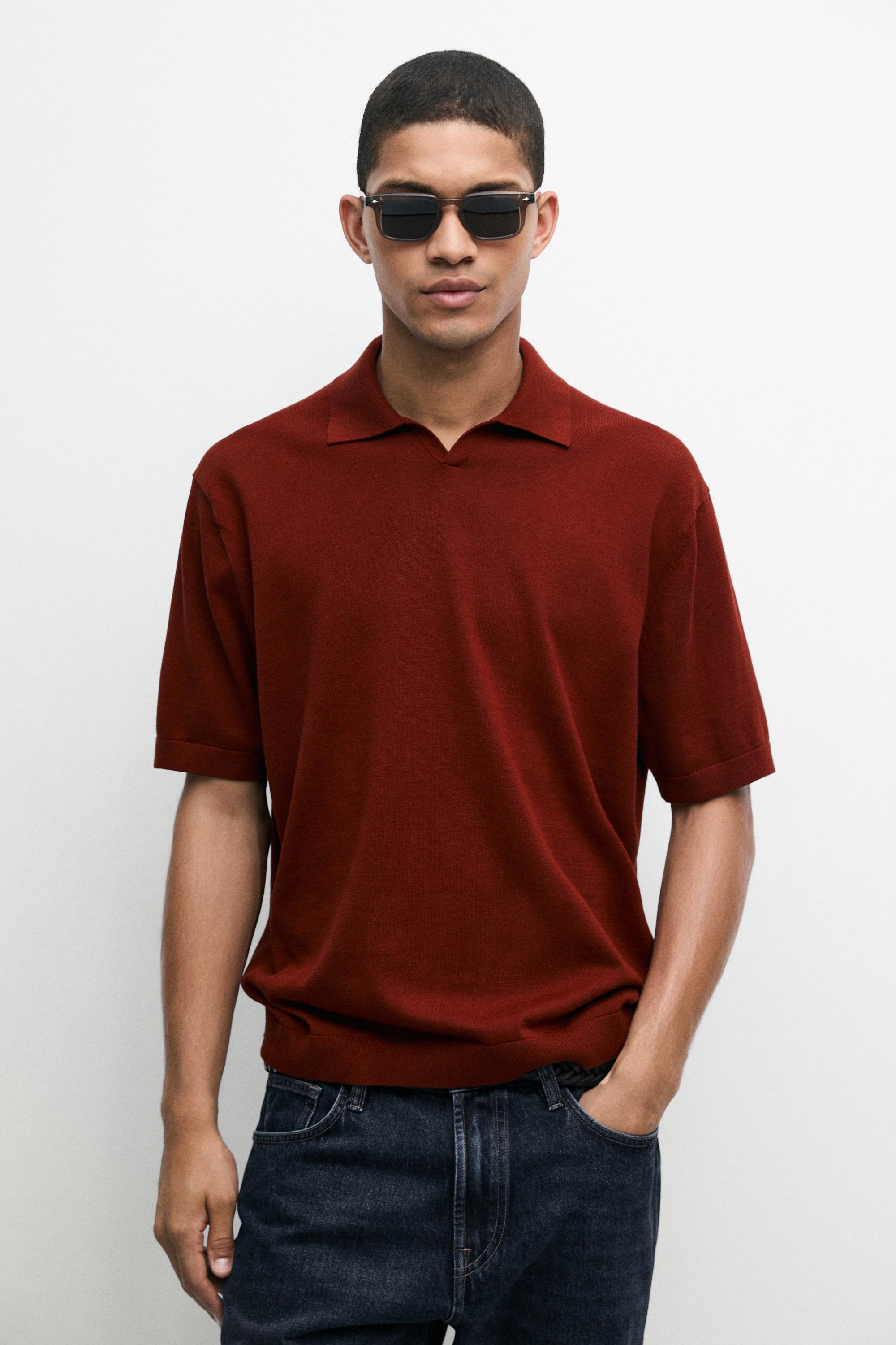 100% cotton V-neck knit polo — Russet