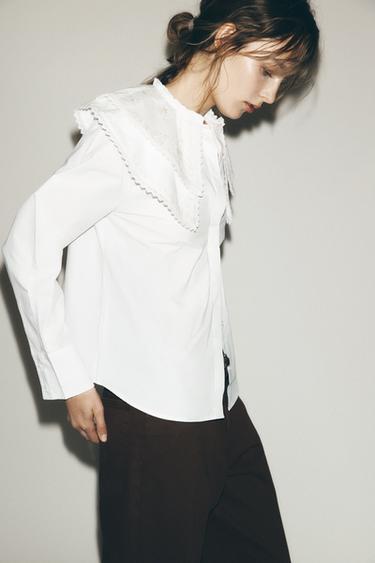 EMBROIDERED POPLIN SHIRT WITH PETER PAN COLLAR - Oyster-white by Zara