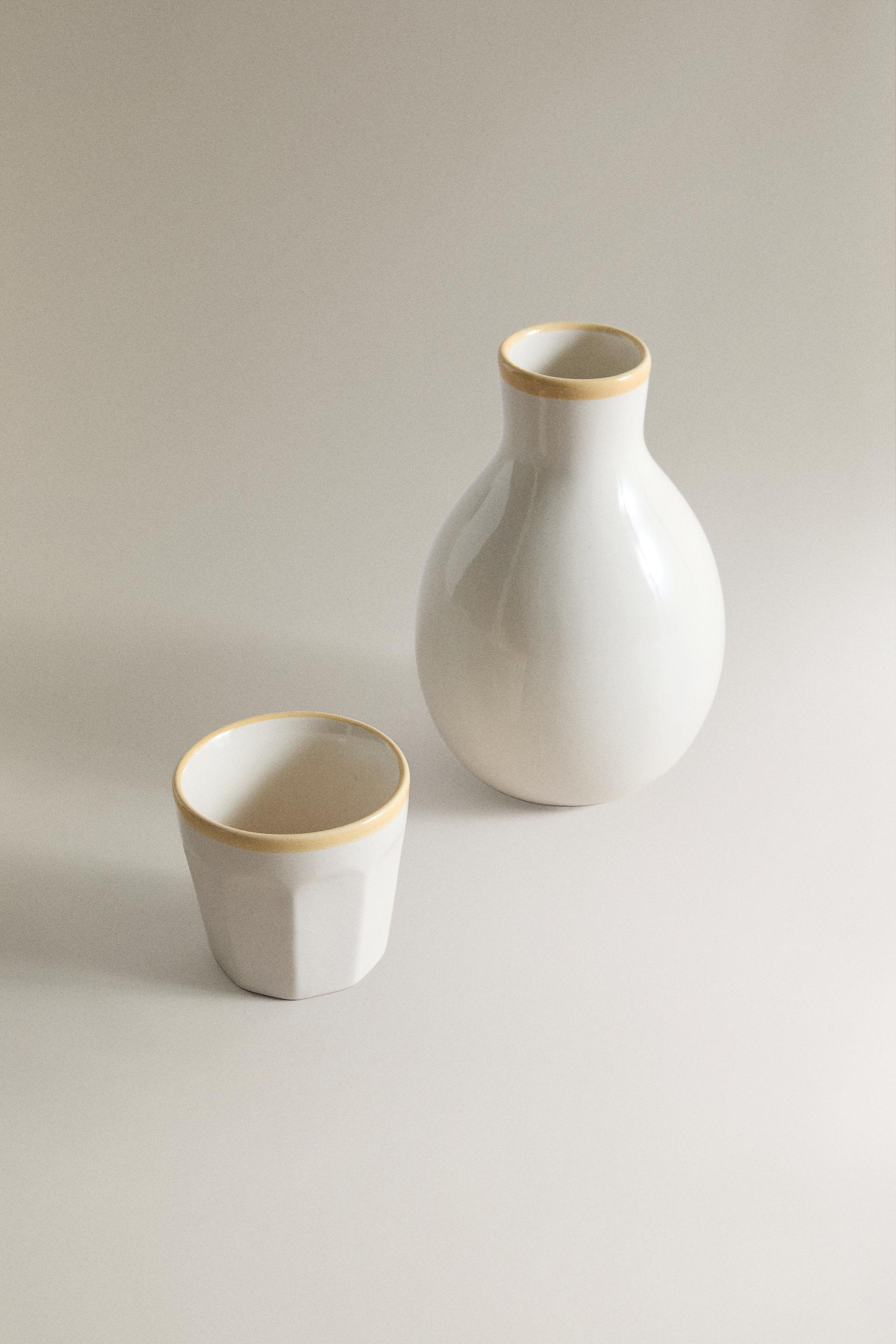 CERAMIC BOTTLE AND TUMBLER BEDSIDE SET — Ecru