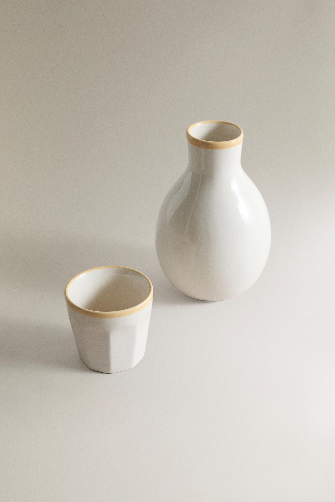 CERAMIC BOTTLE AND TUMBLER BEDSIDE SET — Ecru