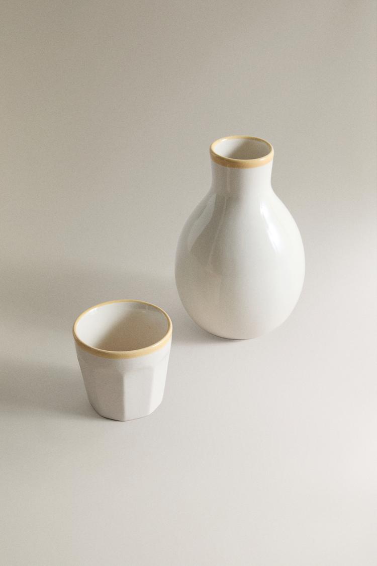 CERAMIC BOTTLE AND TUMBLER BEDSIDE SET — Ecru