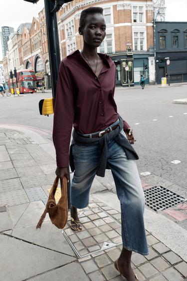 РУБАШКА ОВЕРСАЙЗ ИЗ ПОПЛИНА — БАКЛАЖАНОВЫЙ от Zara