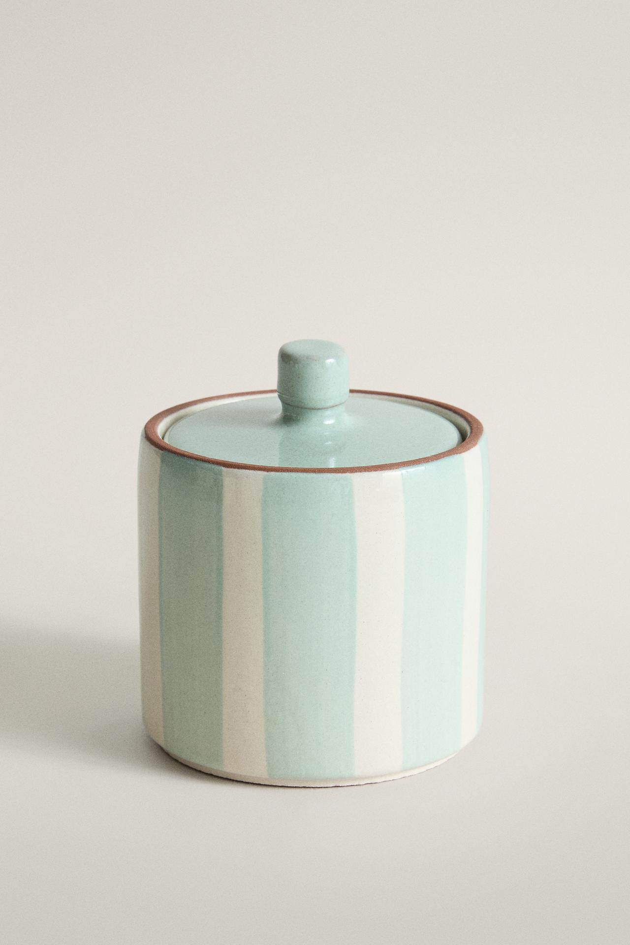 STRIPED CERAMIC BATHROOM ORGANISER JAR — Blue/White