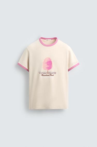Zara CONTRAST PRINT T-SHIRT - Ecru