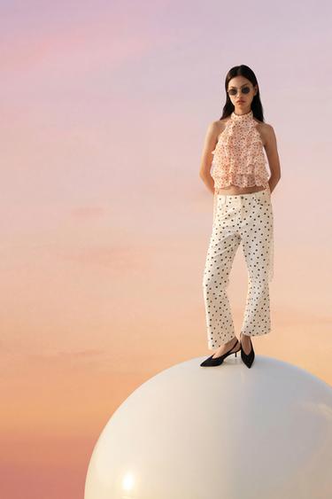 Zara Z1975 系列圓點中腰迷你喇叭牛仔褲 - 磨白色