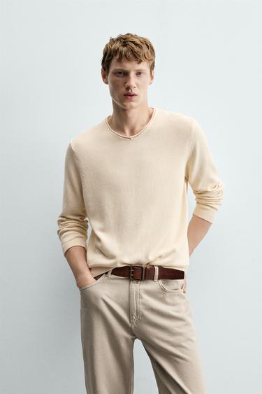 COTTON V-NECK RELAXED FIT JUMPER - Ecru by Zara