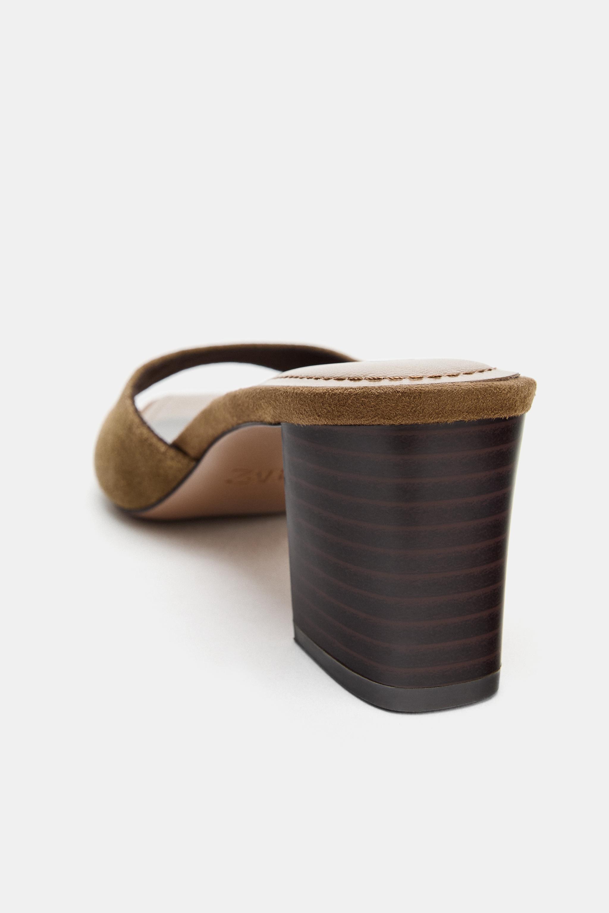 WIDE HEEL SPLIT LEATHER MULE SANDALS