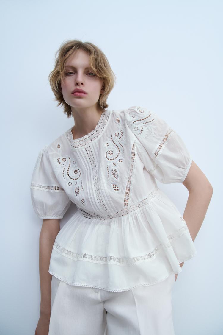 Zara EMBROIDERED ROMANTIC BLOUSE ZW COLLECTION - Ecru - Image 1