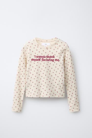 FLORAL AND SLOGAN T-SHIRT - Beige by Zara