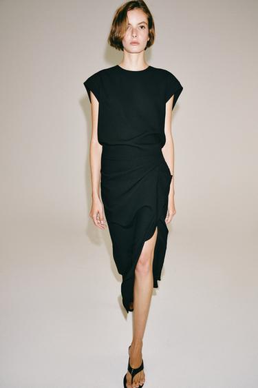 Zara ZW COLLECTION DRAPED MIDI DRESS - Black