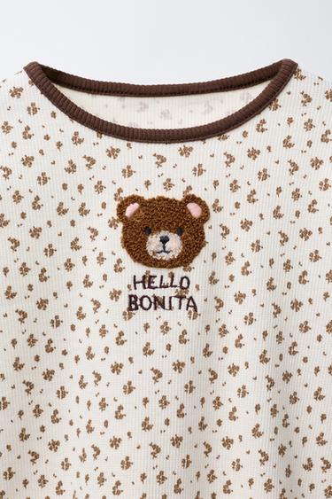 T-SHIRT CÔTELÉ FLEURS PIÈCE VELOURS BOUCLÉ ANIMAL - Écru de Zara - Image 2