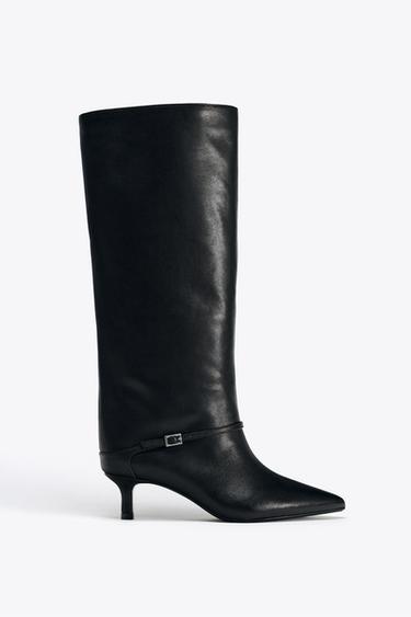 Zara KITTEN HEEL BUCKLED LEATHER BOOTS - Black