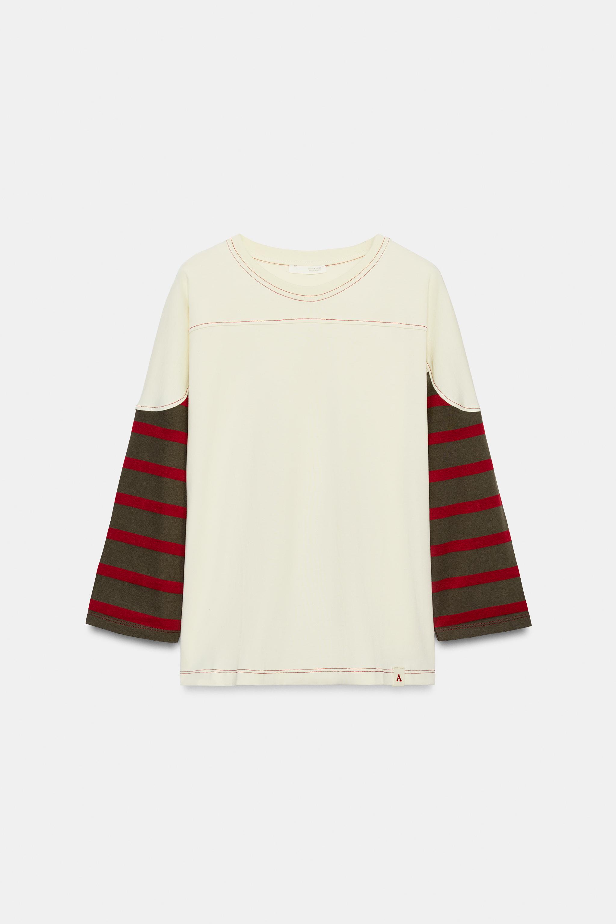 Женские футболки Zara CONTRAST SLEEVE STRIPED T-SHIRT — фото 5