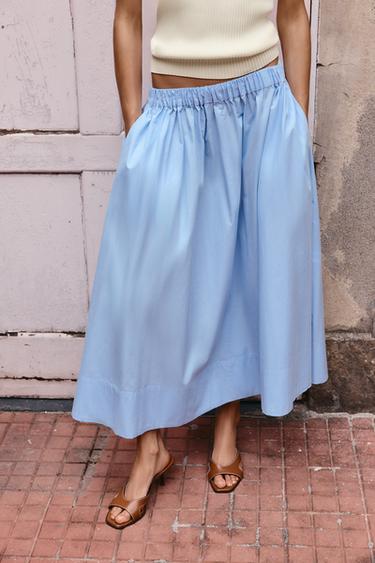 Zara POPLIN MIDI SKIRT - Sky blue